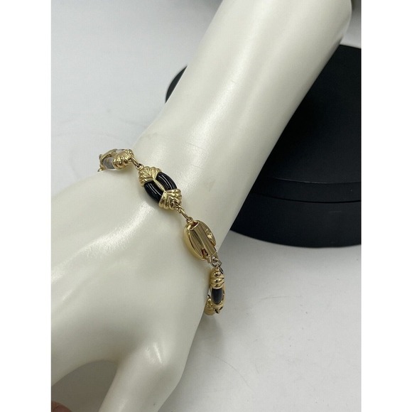 Swarovski Signed Vintage Swan Gold Tone Jet Black and Clear Lucite Bracelet - Picture 4 of 15